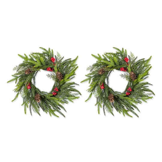 Glitzhome® 14"D Christmas Mini PE Wreath with Pinecones and Red Berries Set | 14" x 14" x 3.5" | Michaels®